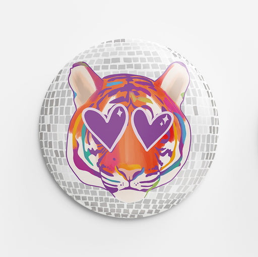 Heart-Eyed Disco Tiger Button (orange & purple)