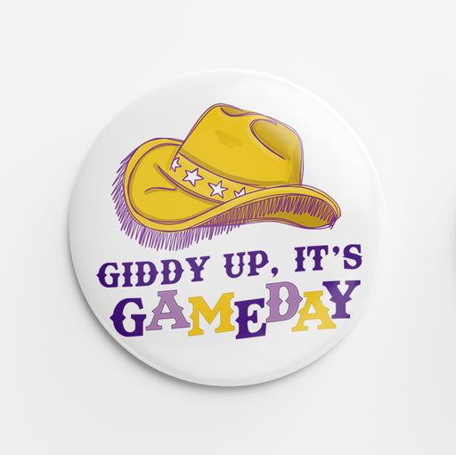 Giddy Up Button (purple & yellow)