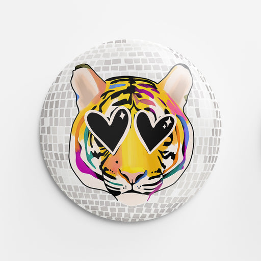 Heart-Eyed Disco Tiger Button (black & yellow)